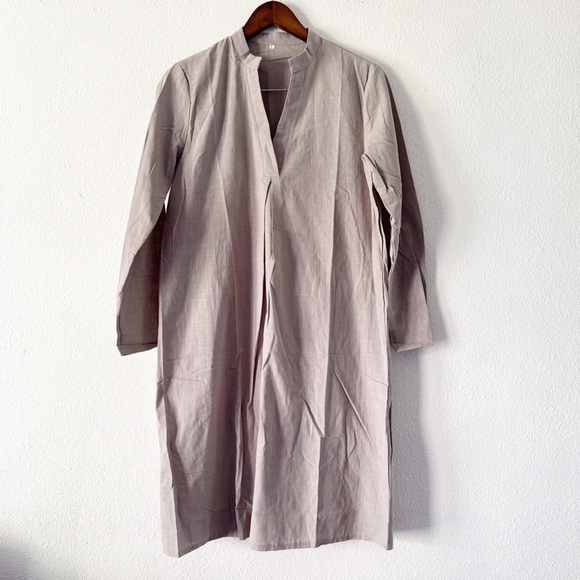 None Dresses & Skirts - Minimalist Beige Cotton Tunic Dress Linen-Like Split Neck Large Garden Girl NEW